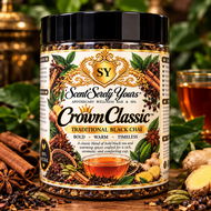 Crown Classic Traditional Black Chai loose-leaf tea jar by Scent'Serely Yours with cinnamon, ginger, star anise and brewed chai tea.